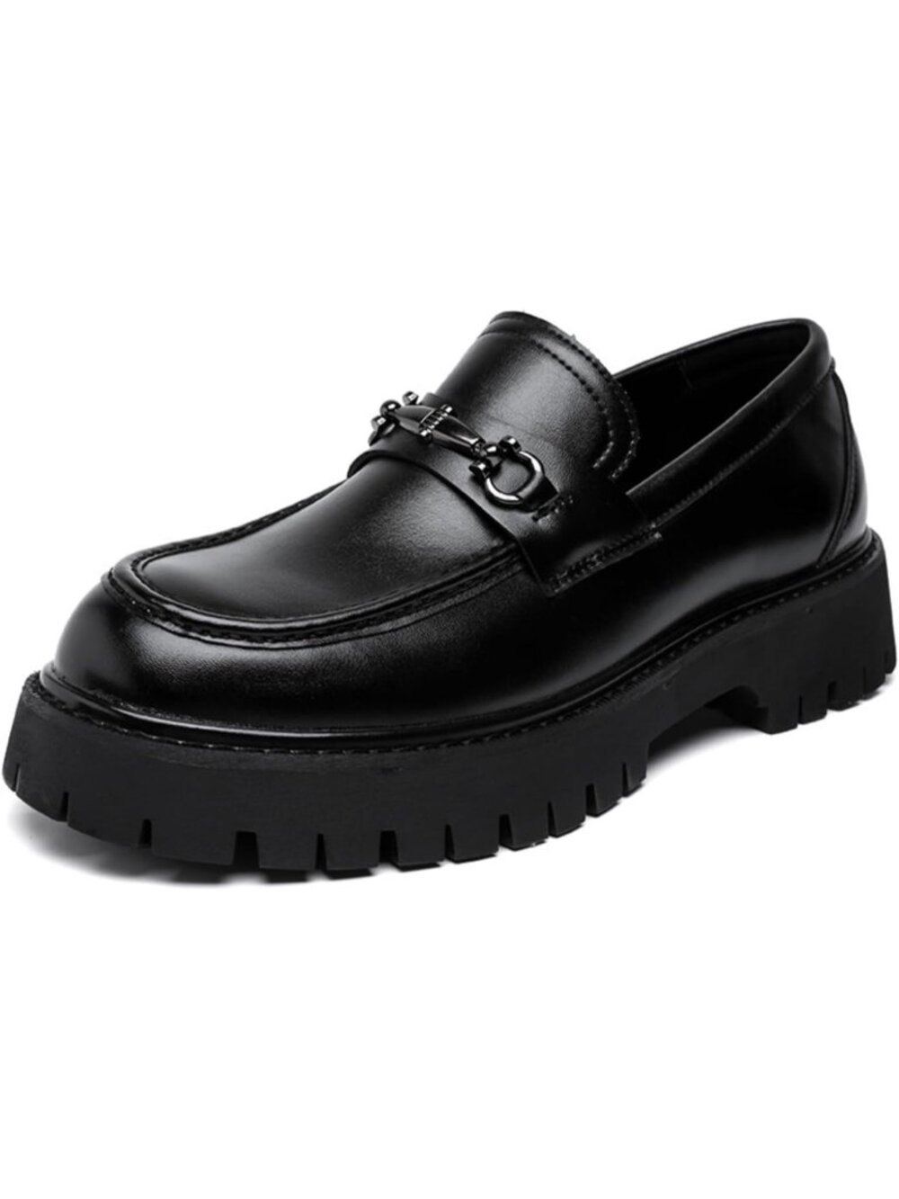 Men's Matte Black Round Toe Patent Leather Platform Heel Horsebit Penny Loafers